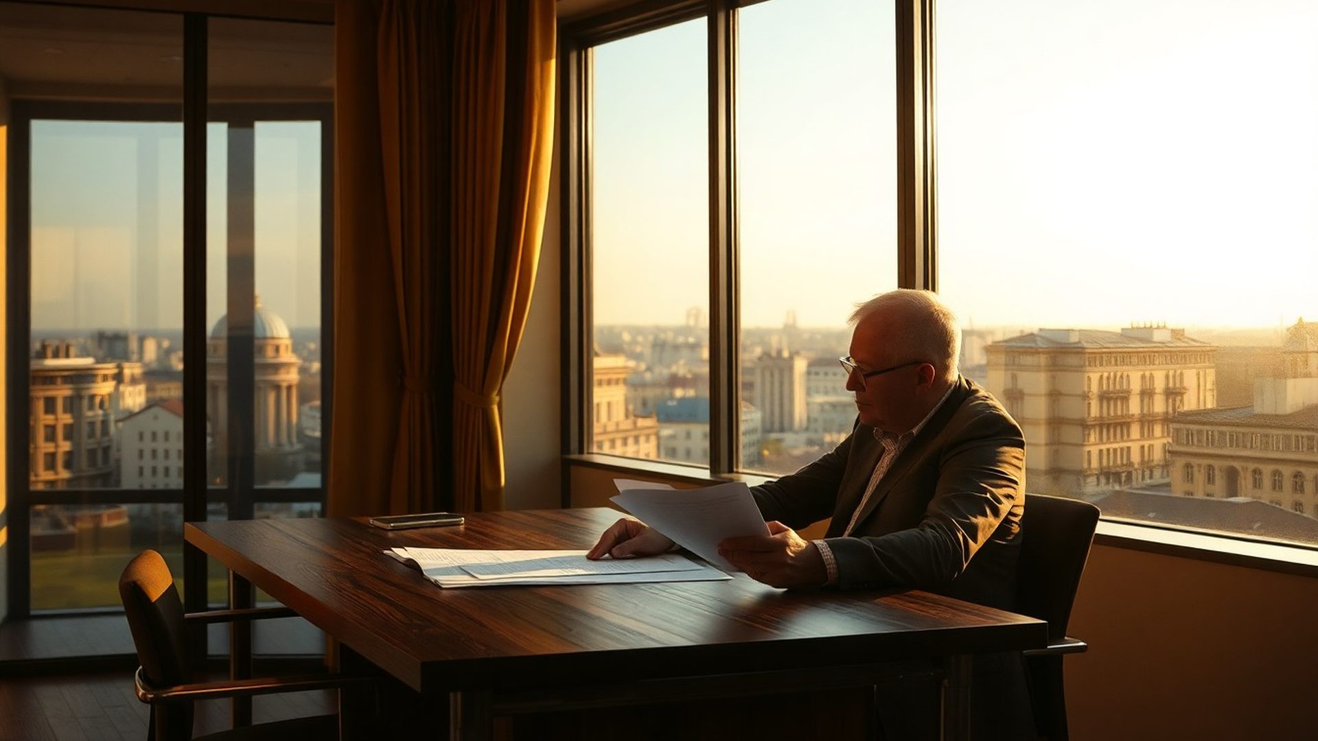 Consultant senior analizând documente patrimoniale într-un birou cu vedere panoramică