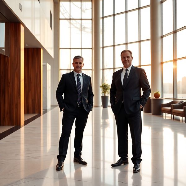 Doi consultanți seniori într-un lobby minimalist cu pardoseală de marmură
